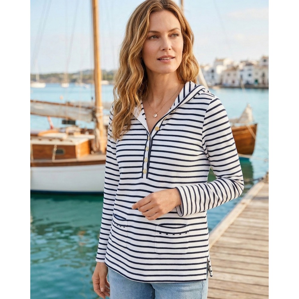 Talbots Women's Striped Henley Hoodie Nautical Long Sleeve Top Navy White Size M